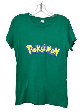 Vintage Pokemon Logo T-Shirt Women's Size L Green Blue Yellow Cap Sleeve